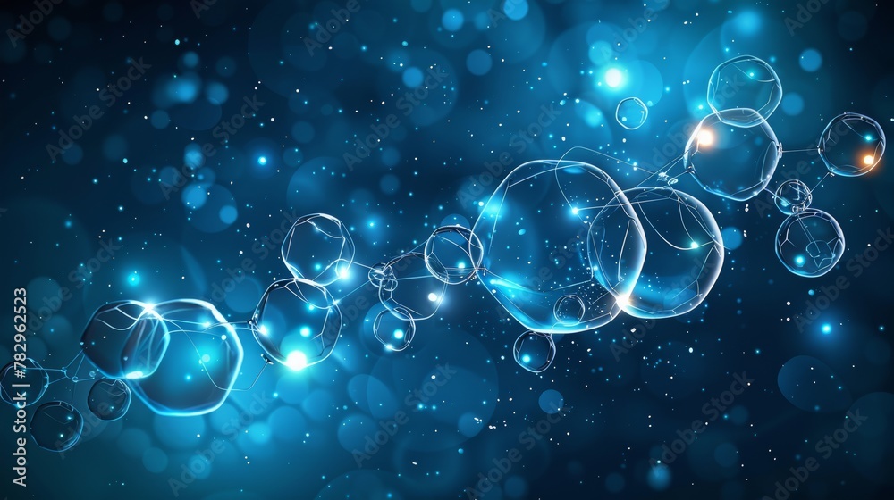 Poster molecules and mesh lines, circles and polygon shapes on blue background. conceptual illustration of 