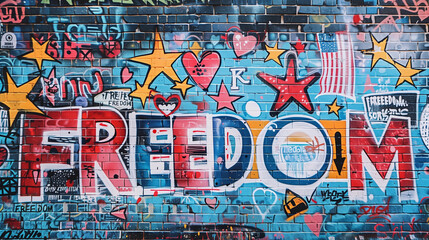 Naklejka premium Freedom graffiti tagged spray paint urban street art wall in red blue white heart stars symbols icons liberty independence justice equality revolution typography campaign urban cool background 