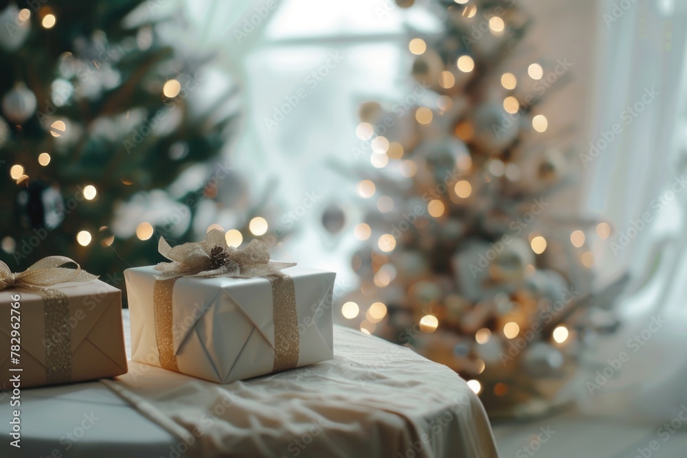 Aufkleber two presents displayed on a table next to a festive christmas tree. ideal for holiday concepts and g