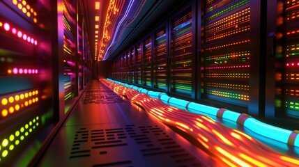 Data Transfer: A 3D vector illustration of a server room with data cables connected to servers