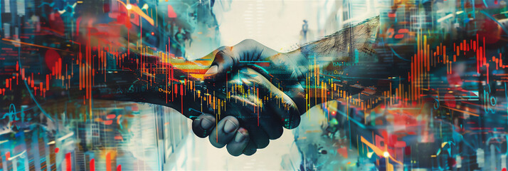 Abstract design art concept, financial business collage, stock market and finance, hands shaking each other