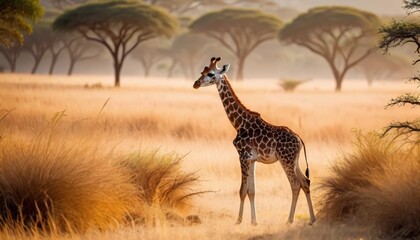 Obraz premium A lone giraffe stands elegantly against the expansive African savannah, with soft, filtered sunlight illuminating its patterned coat.. AI Generation