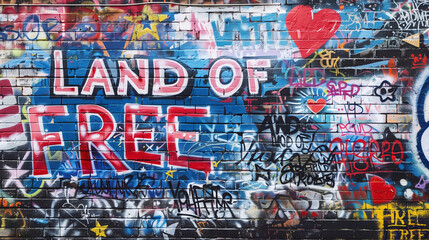 Land of the Free American graffiti tagged street art wall in red blue white typography for usa...