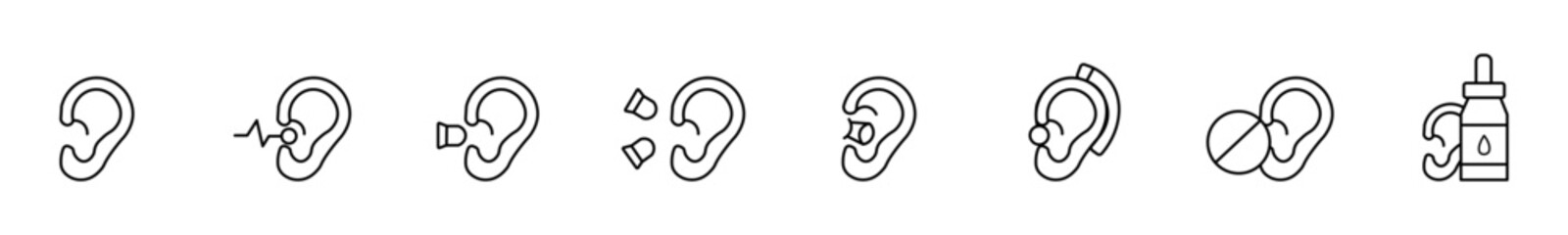 Stock illustrations on the topic Hearing. Ear and hearing aid, ear plugs, Ear drops. Don't listen. Hearing search. Pixel perfect vector thin line icons. Simple minimal icon