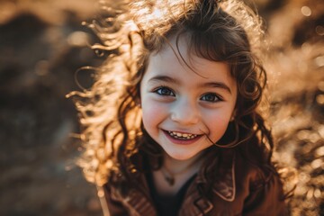 Portrait of a cute little girl with curly hair in a brown jacket on a sunny day.