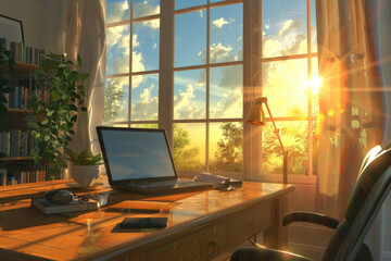 Fototapeta premium A warm and inviting home office setup with a laptop on a wooden desk, surrounded by books and lush plants, illuminated by golden sunlight. Ideal for remote work and study environments. Generated AI