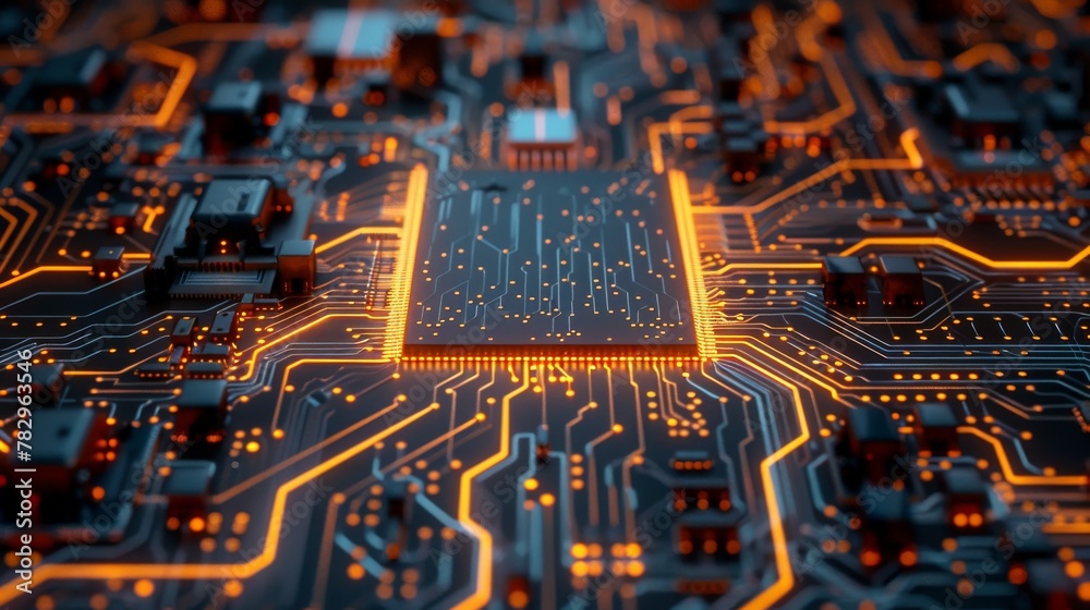 Aufkleber The orange and blue circuit board technology image and the HTML code can be used to describe technological processes, science, and education. This is a 3D rendering of the image.