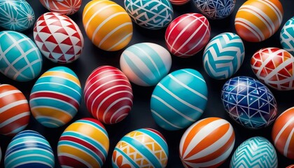 Fototapeta na wymiar Vibrantly decorated Easter eggs featuring intricate patterns, displayed in rows against a dark background, symbolizing spring celebrations.. AI Generation