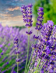 Naklejka premium in the heart of lavender fields at their peak of bloom, where the air is rich with the plant's distinctive, calming aroma