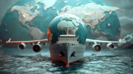 Global Business: A 3D vector illustration of a cargo ship and airplanes transporting goods around the world - obrazy, fototapety, plakaty