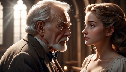 A digital painting of an elderly man and a young woman engaging in a heartfelt gaze inside a church, illuminated by rays of sunlight.. AI Generation