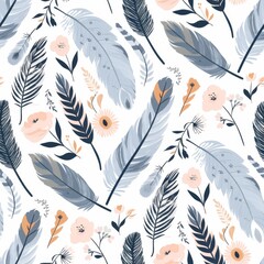 Elegant Seamless Pattern with Feathers and Floral Accents