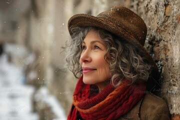 Portrait of senior woman with curly hair in hat, scarf and red scarf on the street.