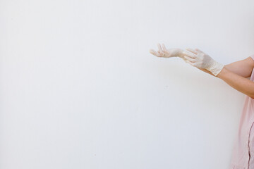 Female hands wearing disposable gloves - obrazy, fototapety, plakaty