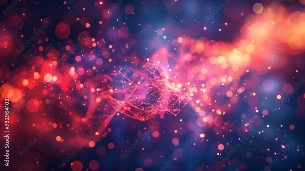 Fototapete Flying polygonal spheres in empty space with bokeh effects over a futuristic backdrop. Poster design.