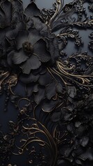 Elegant Black Floral Arrangement with Golden Accents on Dark Background