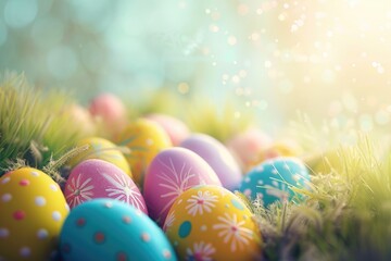 Colorful Easter eggs scattered in the grass, perfect for Easter holiday designs - Powered by Adobe