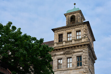 Fototapeta premium Low-angle shot of the Nuremberg City Hall against the blue sky in Nuremberg, Germany