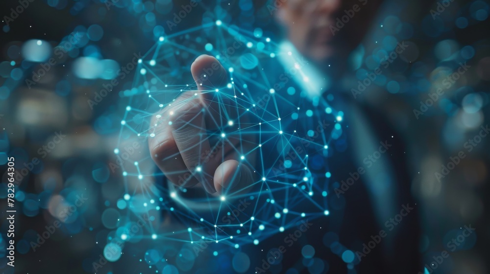 Poster a businessman touches the digital data network with his fingers in 3d