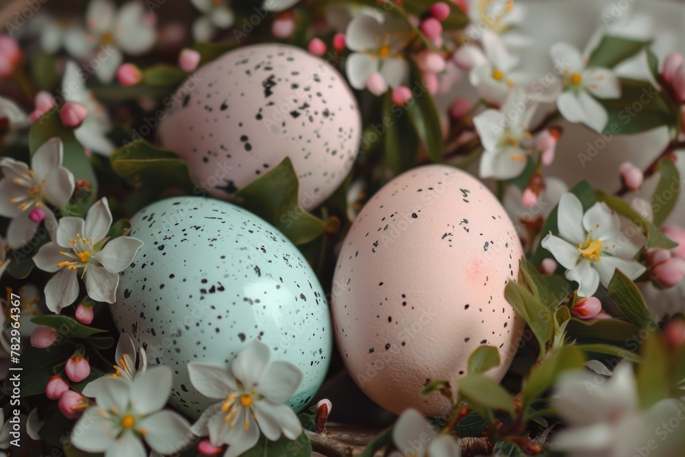 Poster Close up of three eggs in a nest with delicate flowers, suitable for spring themes