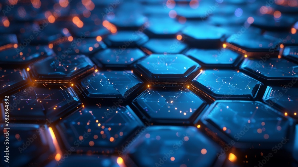 Poster Blue abstract surface hexagon pattern with light rays. 3D rendering