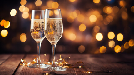 glasses of champagne with confetti, glitter, serpentine and lights. Night celebration concept