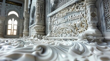 A high-angle shot of "Ramadan Mubarak" written in bold, expressive letters, the camera lens focusing sharply to capture the intricate details against the smooth white surface, evoking a sense
