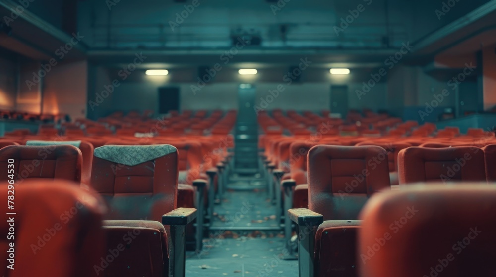 Poster An empty auditorium with rows of red seats. Suitable for educational and event concepts