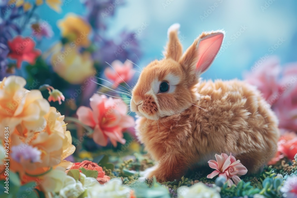 Poster cute rabbit sitting in a field of colorful flowers, perfect for spring themes