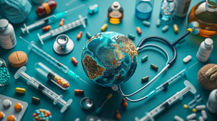 Global Health: A 3D vector illustration of a globe surrounded by medical instruments