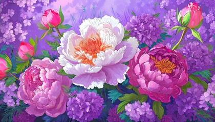delicate interplay of peonies and lavender, arrayed in a tranquil floral composition