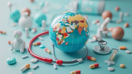 Global Health: A 3D vector illustration of a globe with healthcare symbols