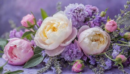 delicate interplay of peonies and lavender, arrayed in a tranquil floral composition
