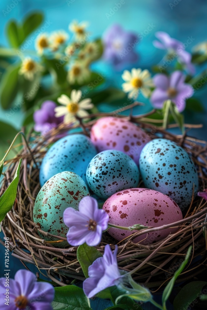 Poster A bird nest filled with speckled eggs surrounded by purple flowers. Ideal for nature and spring-themed designs