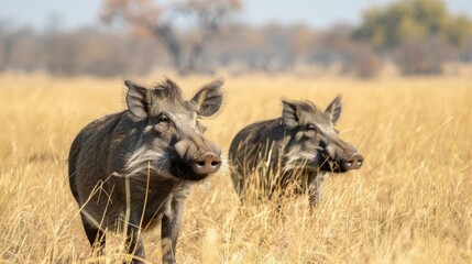 Warthogs Foraging in Rugged Savannah Landscape