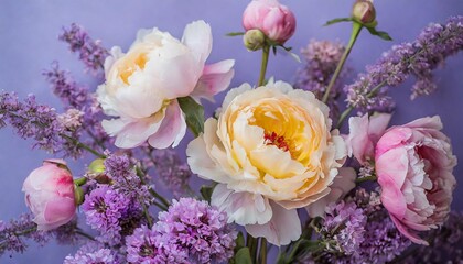 delicate interplay of peonies and lavender, arrayed in a tranquil floral composition