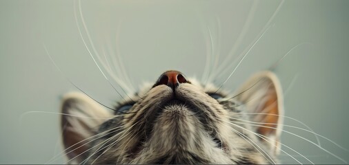 Whimsical Tabby Cat Gazing Upwards with Vivid Whiskers, Indoor Domestic Pet Portrait. Perfect for Wallpaper and Backgrounds. AI