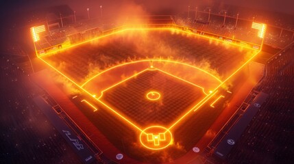 Glowing Neon Baseball: A 3D vector illustration of a baseball field illuminated by neon yellow and orange