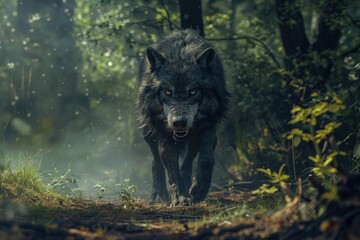 A large black wolf walking through a forest. Suitable for wildlife or nature themes