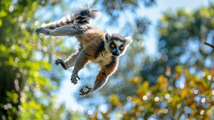 Fototapeta premium Lemur Leaping Acrobat in Lush Madagascar Jungle Canopy