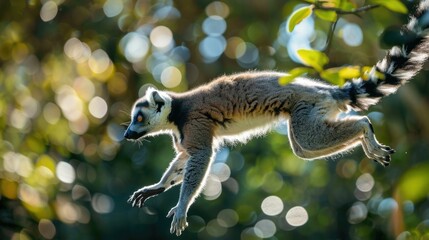 Naklejka premium Agile Lemur Leaping Through Lush Foliage in Malagasy Wilderness
