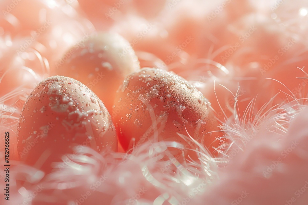 Aufkleber Close up of two eggs in a pile of feathers. Suitable for various concepts