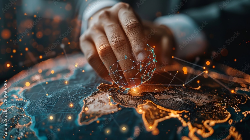 Aufkleber 3D rendering of businessman touching global network and data exchanges across the globe