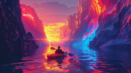 Glowing Neon Kayaking: A 3D vector illustration of a kayaker - obrazy, fototapety, plakaty