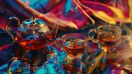 Tea pot and two glasses of tea on a table, perfect for cafe or restaurant concepts