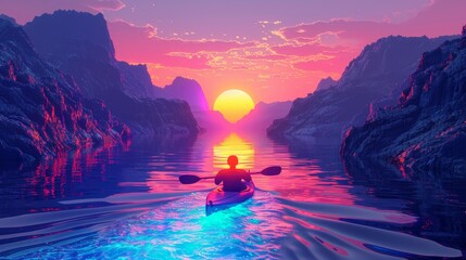 Glowing Neon Kayaking: A 3D vector illustration of a person kayaking on a glowing neon river - obrazy, fototapety, plakaty