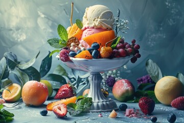 A delicious bowl of ice cream and fresh fruit on a table. Perfect for food blogs and social media...