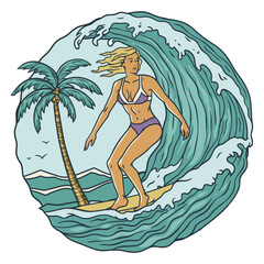 Female surfer rides ocean waves, exemplifying tropical exotic beach fun. Extreme girl on surfboard for design of summer beach life. Active woman on surf board and wave for surfing or sea sport