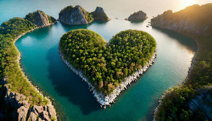 Aerial view of heart-shaped island in the middle of water with rocks and trees. Beautiful nature. - obrazy, fototapety, plakaty