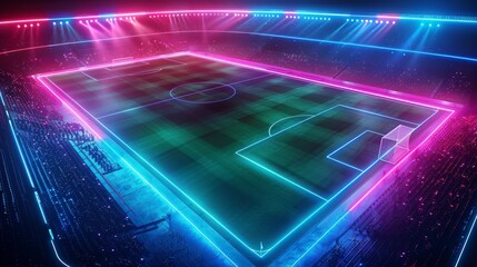 Glowing Neon Soccer: A 3D vector illustration of a soccer stadium with neon lights